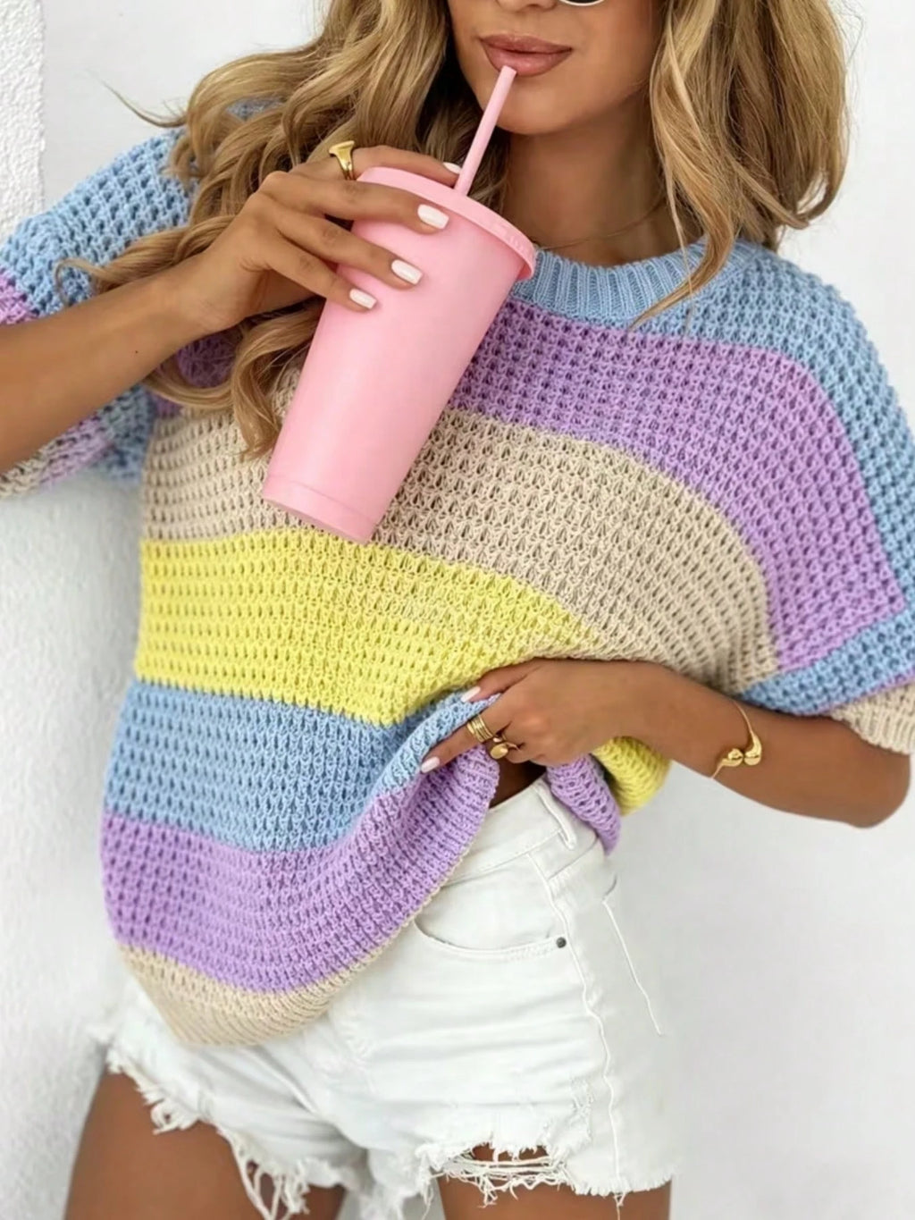 Colorful Line Blue & Pink Contrast Striped Short Sleeve Sweater, Sweet Style Loose Round Neck Top, Loose Design 1 Piece Short Sleeve Top. Summer