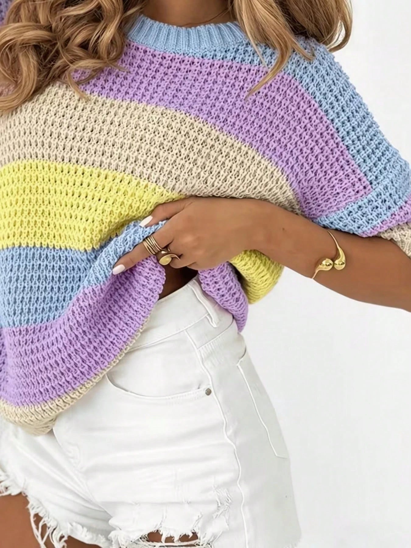 Colorful Line Blue & Pink Contrast Striped Short Sleeve Sweater, Sweet Style Loose Round Neck Top, Loose Design 1 Piece Short Sleeve Top. Summer