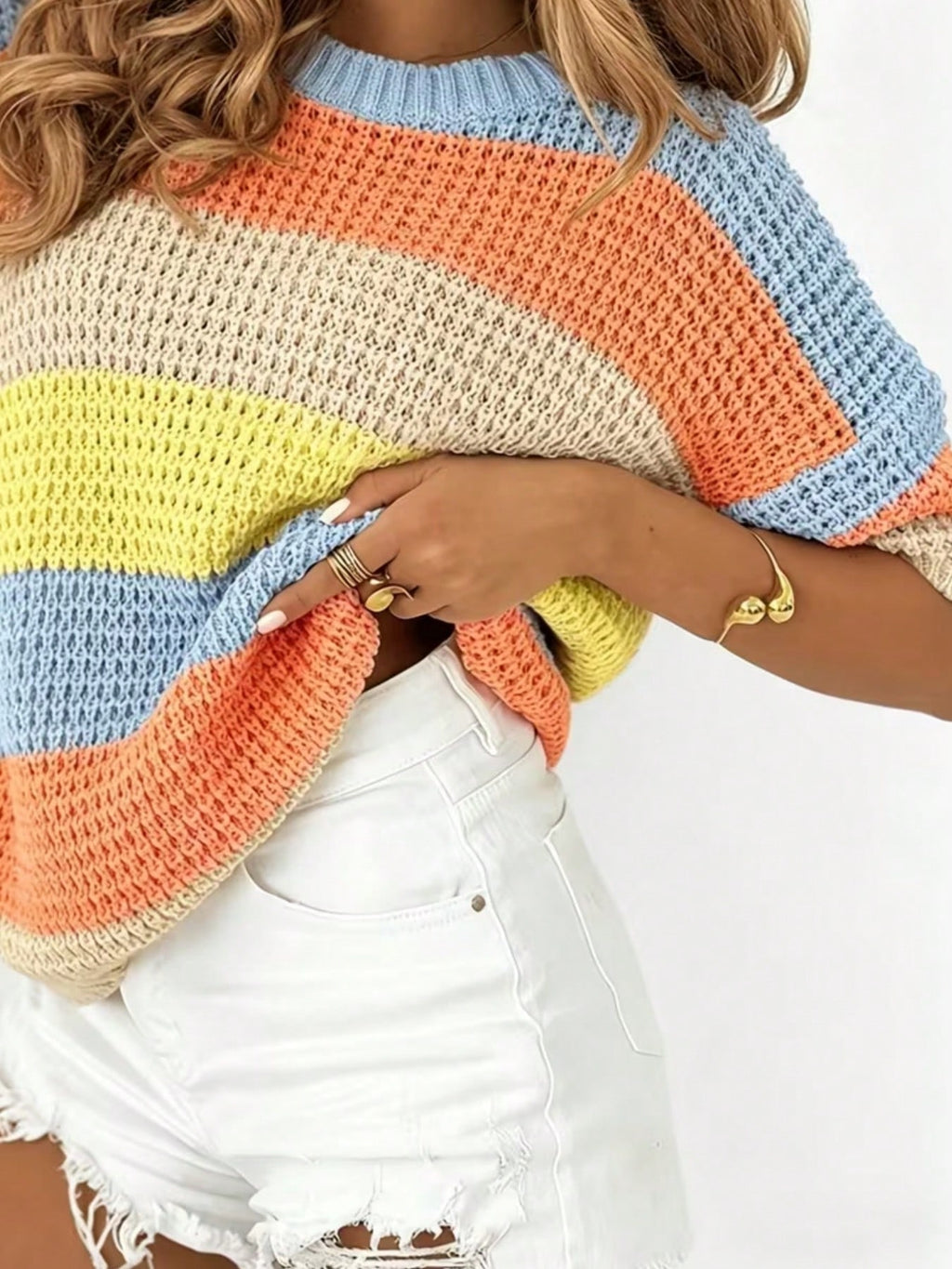 Colorful Line Blue & Pink Contrast Striped Short Sleeve Sweater, Sweet Style Loose Round Neck Top, Loose Design 1 Piece Short Sleeve Top. Summer
