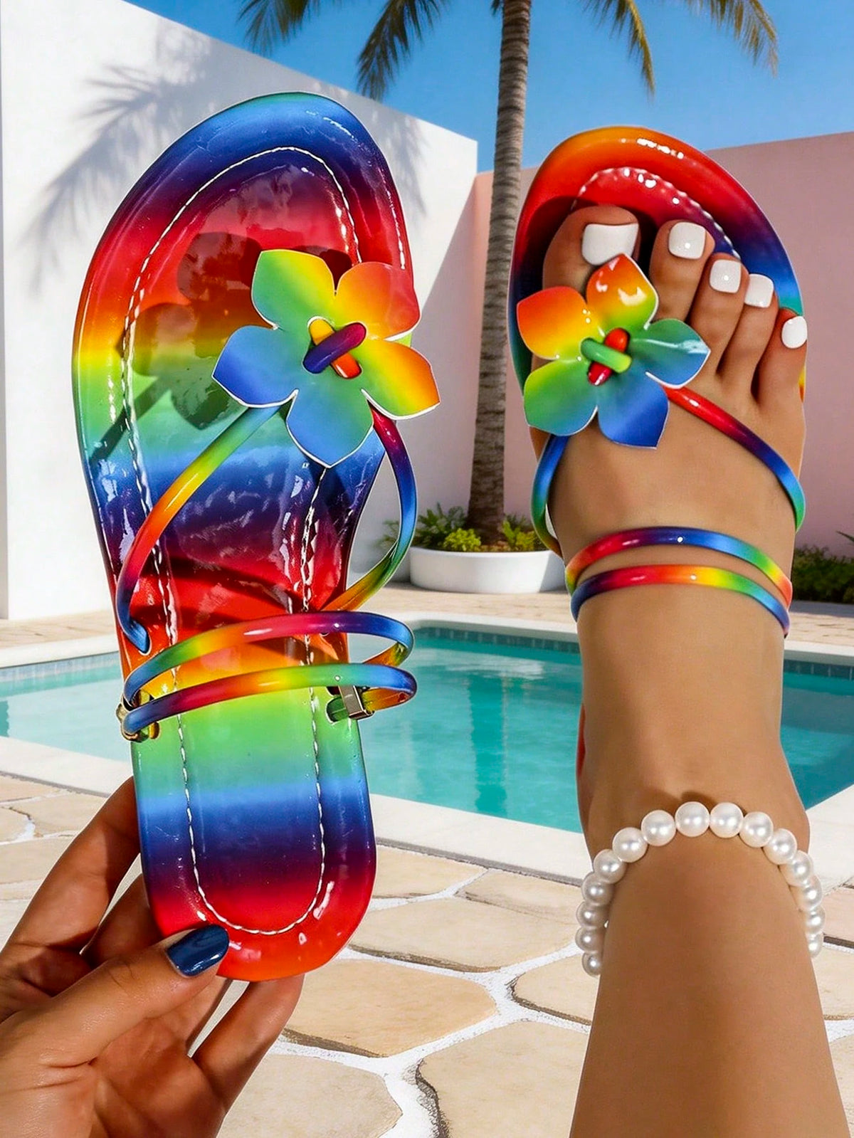 Rainbow Color Women's Flat Sandals, Fresh Style Floral Decor Thin Strap Lightweight Comfortable Beach Vacation Daily Wear