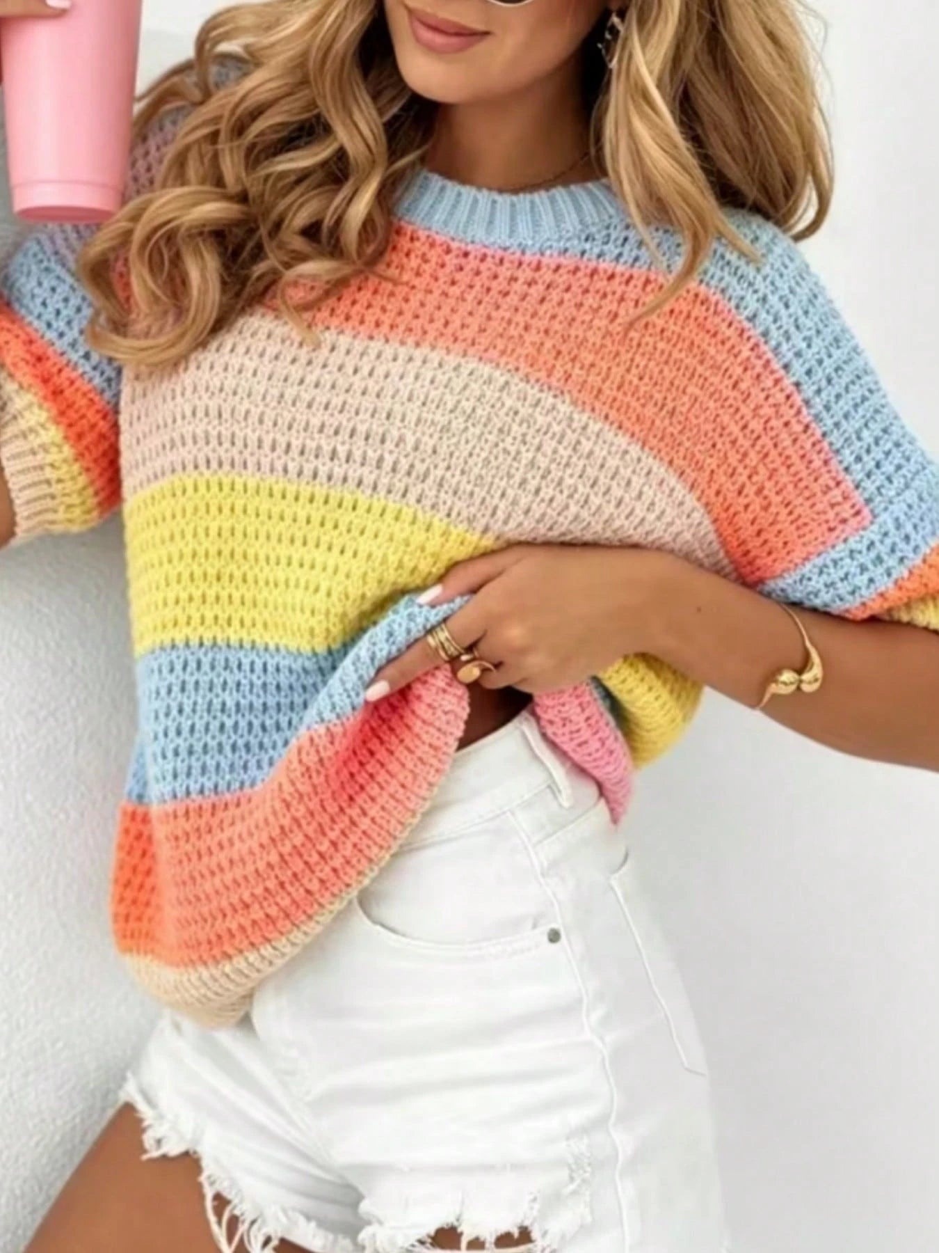 Colorful Line Blue & Pink Contrast Striped Short Sleeve Sweater, Sweet Style Loose Round Neck Top, Loose Design 1 Piece Short Sleeve Top. Summer
