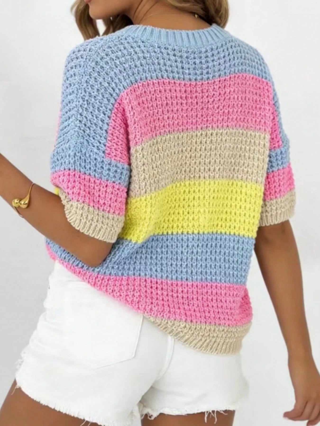 Colorful Striped Short Sleeve Sweater, Sweet Style Loose Round Neck Top, Soft And Breathable Fabric, Loose Single Short Sleeve Top, Suitable For Casual, Holiday And Travel Summer