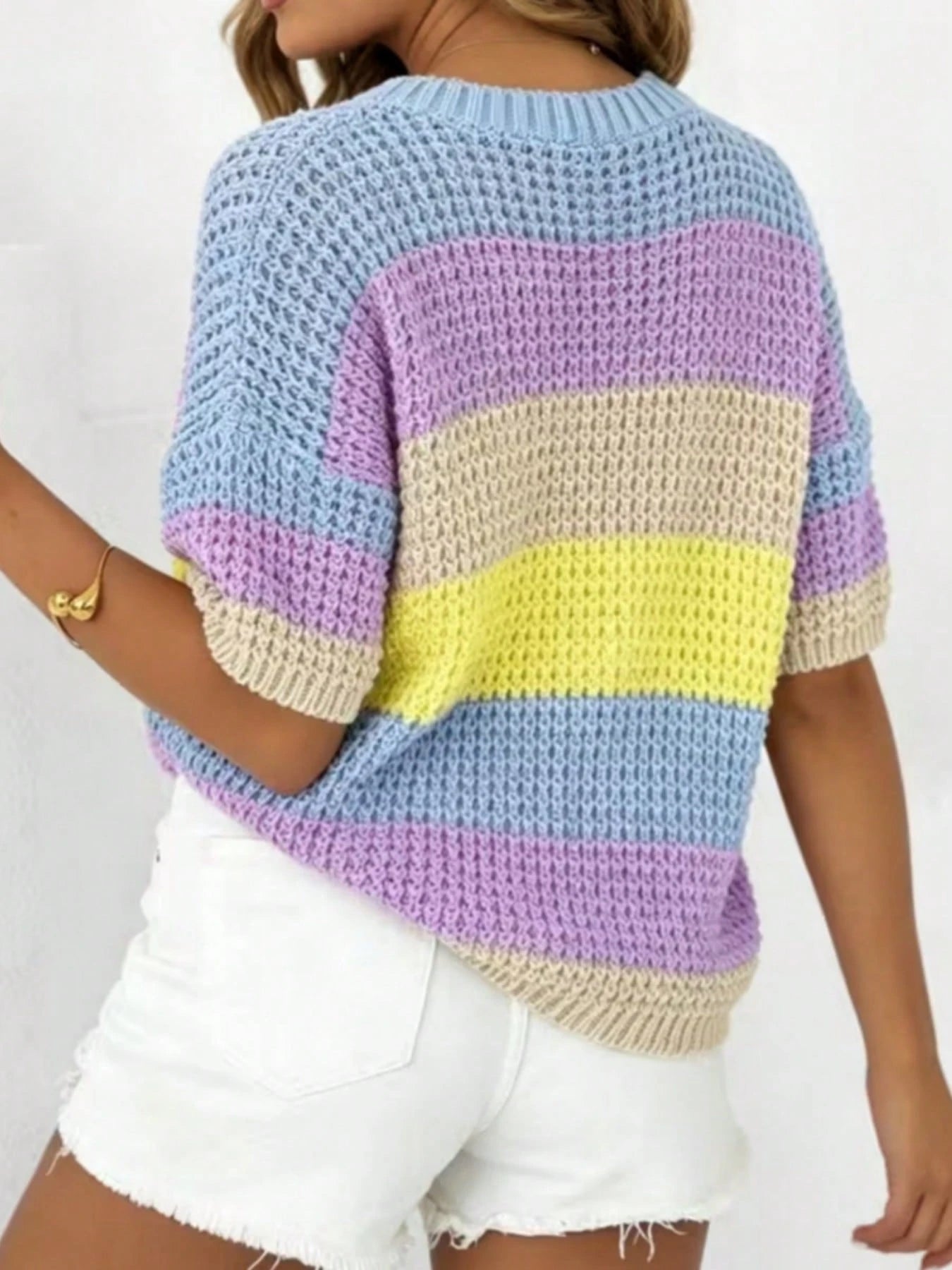 Colorful Line Blue & Pink Contrast Striped Short Sleeve Sweater, Sweet Style Loose Round Neck Top, Loose Design 1 Piece Short Sleeve Top. Summer