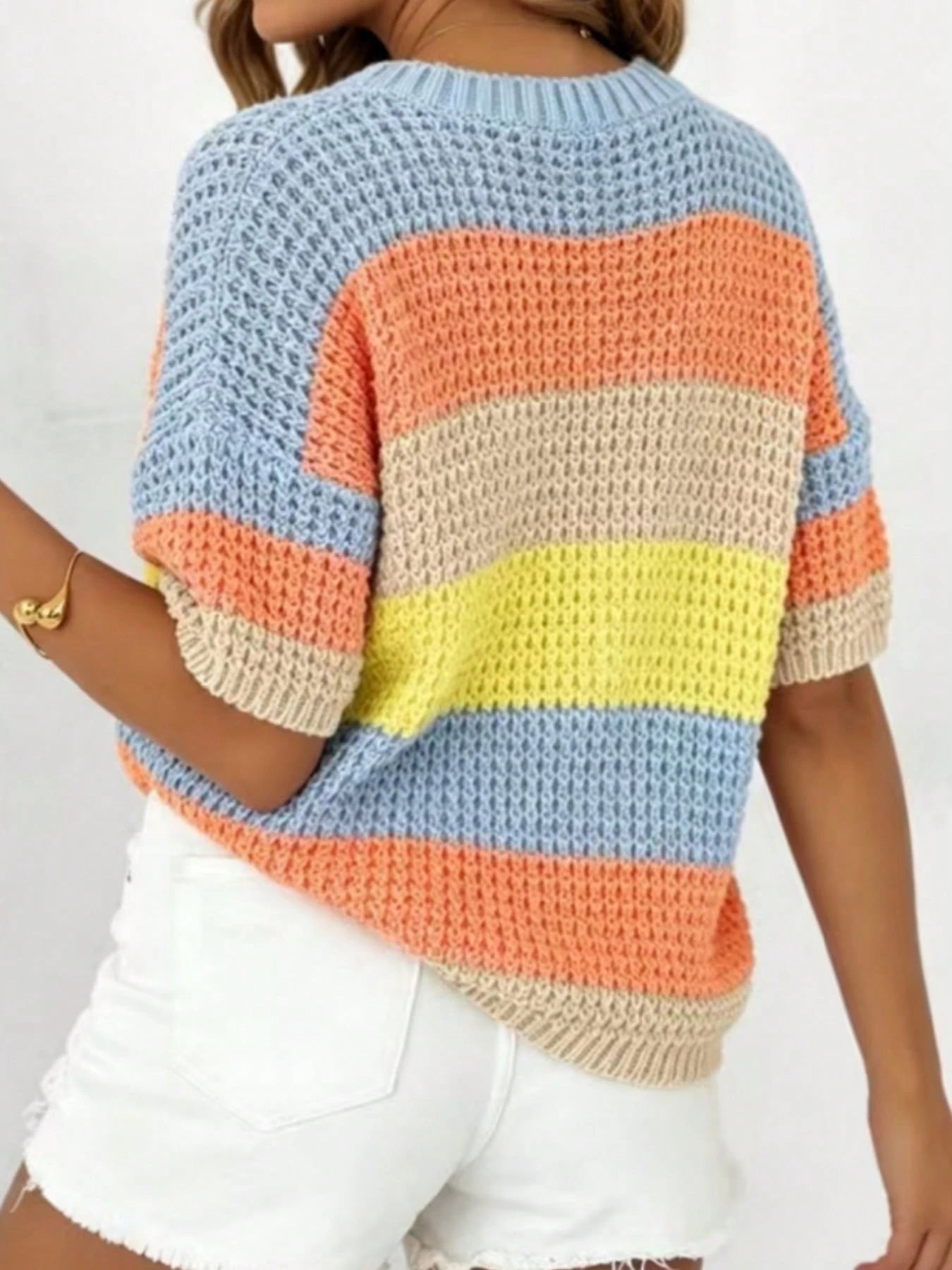 Colorful Line Blue & Pink Contrast Striped Short Sleeve Sweater, Sweet Style Loose Round Neck Top, Loose Design 1 Piece Short Sleeve Top. Summer