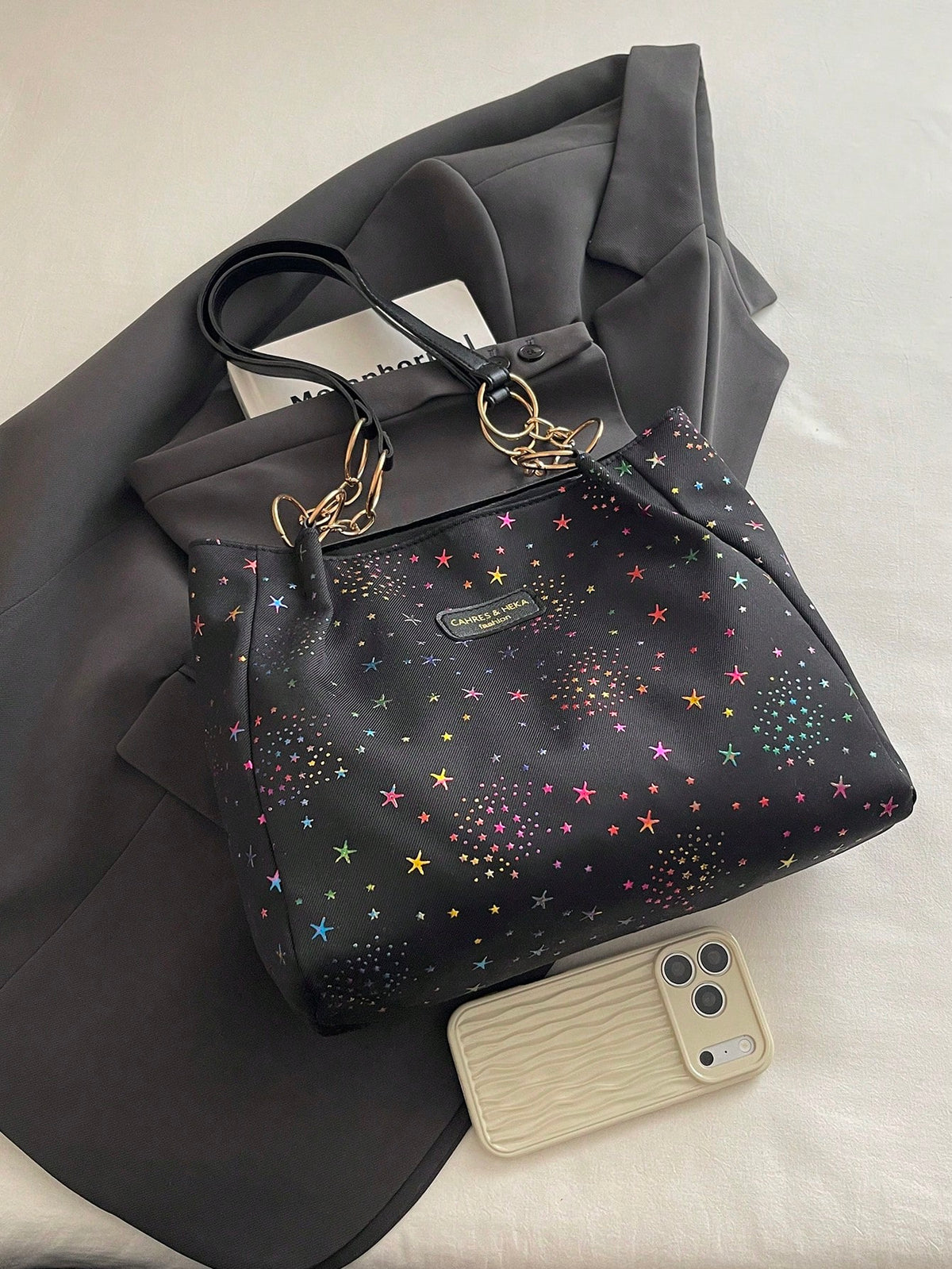1pc Cloud Pendant Decor Colorful Star Pattern Polyester Fiber Large Capacity Zipper Fashion Shoulder Bag Suitable For Women's Daily Use