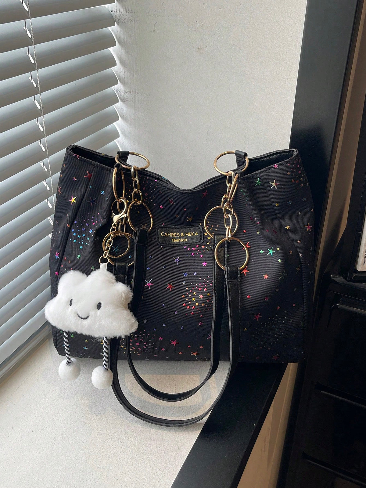 1pc Cloud Pendant Decor Colorful Star Pattern Polyester Fiber Large Capacity Zipper Fashion Shoulder Bag Suitable For Women's Daily Use