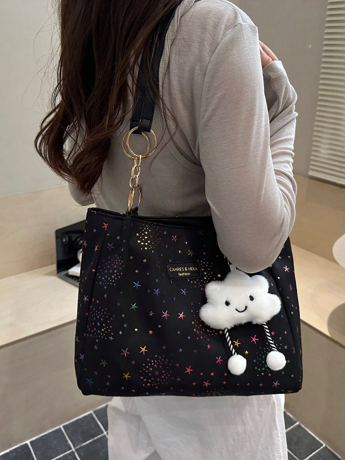 1pc Cloud Pendant Decor Colorful Star Pattern Polyester Fiber Large Capacity Zipper Fashion Shoulder Bag Suitable For Women's Daily Use