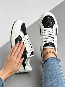 Iridescent Glitter Sneakers For Women Low Top Casual Shoes With Star Pattern Lightweight Comfortable Footwear — view 3