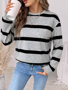 SHEIN LUNE Women's Striped Casual Daily Long Sleeve Sweatshirt | SHEIN USA — view 4