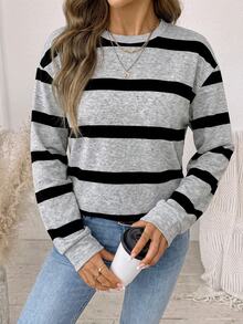 SHEIN LUNE Women's Striped Casual Daily Long Sleeve Sweatshirt | SHEIN USA — view 7