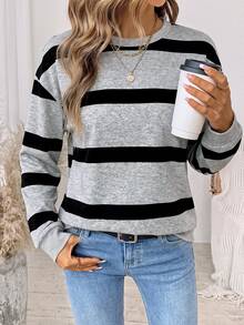 SHEIN LUNE Women's Striped Casual Daily Long Sleeve Sweatshirt | SHEIN USA — view 6