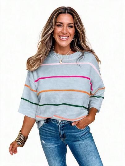 Acelitt All-Season Colorblock Striped 3/4 Sleeve Cold