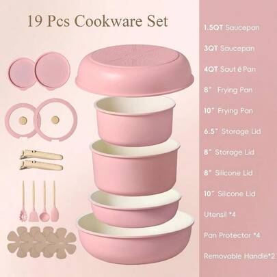 Free-Shipping 21 Pcs Pots And Pans Set Non Stick, Ceramic Cookware Set Detachable Handle, RV Kitchen Cooking Set — view 10
