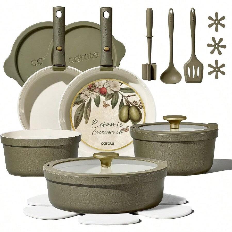 Free-Shipping 21pcs Ceramic Cookware Sets, Nonstick Pots And Pans Set Space Saving, Detachable Handle