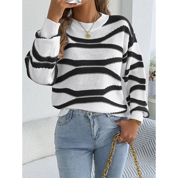 Color Block Striped Lantern Sleeve Pullover Sweater BJS347