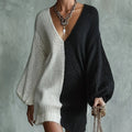 Elegant Color-Block Spliced Deep V-Neck Dress with Lantern