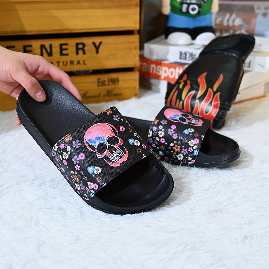 Women'S Skull Flower Pattern Christmas Dark Bathroom Slippers Casual Style Suitable for All Seasons Indoor Wear Soft EVA Sole Hand Wash Fabric Upper And EVA Insole Home Bathroom Sandals, Women Shoes