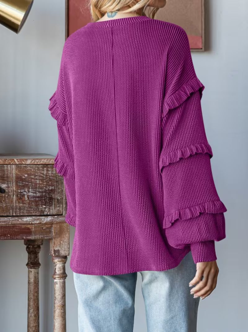Spring Autumn Winter Ladies Puff Sleeve Round Neck Pullover | Lace Trim, Loose Fit, Elegant Style, Suitable for — view 4