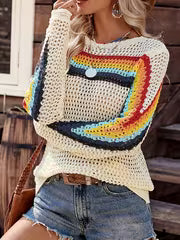 Women's Color-Block Striped Cut-Out Mesh Top, Bohemian Style Round Neck Long Sleeve Sweater, Breathable — view 3