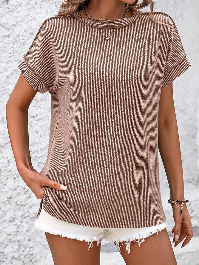 Ribbed Knitting Stitching Outside Round Neck Top MD121