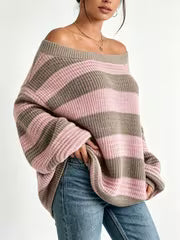 Women Off-Shoulder Striped Sweater Fall Lazy Style Oversized Drop Shoulder Long Sleeve Pullover Casual — view 4