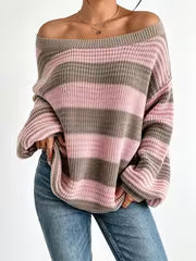 Women Off-Shoulder Striped Sweater Fall Lazy Style Oversized Drop Shoulder Long Sleeve Pullover Casual — view 1