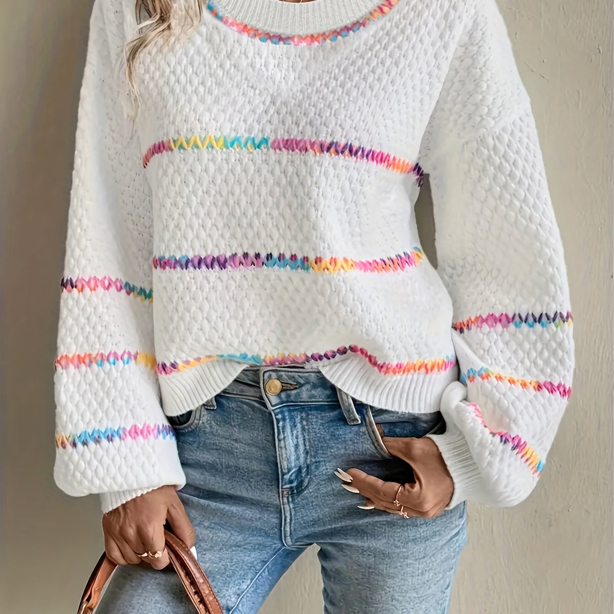 Women's Loose Crew Neck Sweater - Elegant Color Striped