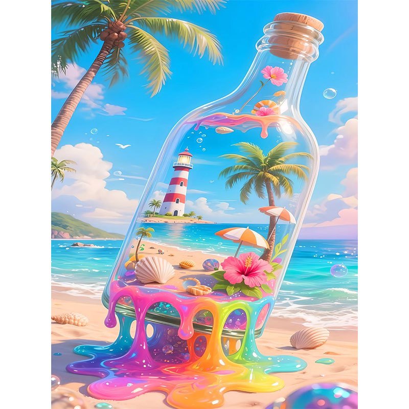 A Diamond Painting of a Tropical Beach Scene in a Glass Bottle, 1pc, 5D