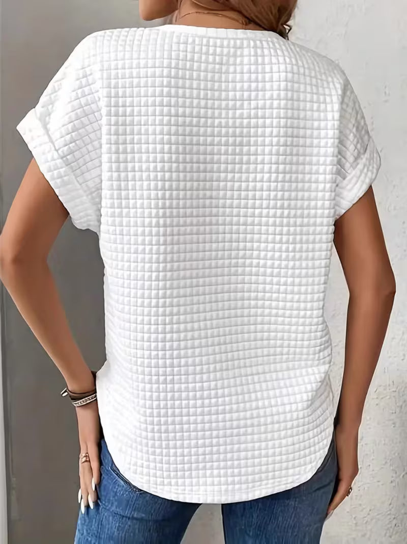 Womens Fall Winter 2026 All Season Casual White Side Slit Loose Round Neck Textured Tee Casual Attire Halloween — view 4