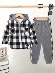 2-piece Boys' Plaid Front-Button Hoodie + Sweatpants Set, Autumn/Winter Wear, Perfect for Outdoor — view 1