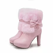 Ladies' Footwear, Cozy, Elevated Heels, Short Boots, Plush, Ribbon Detail, Adornment, Weather-Resistant, Trendy — view 8