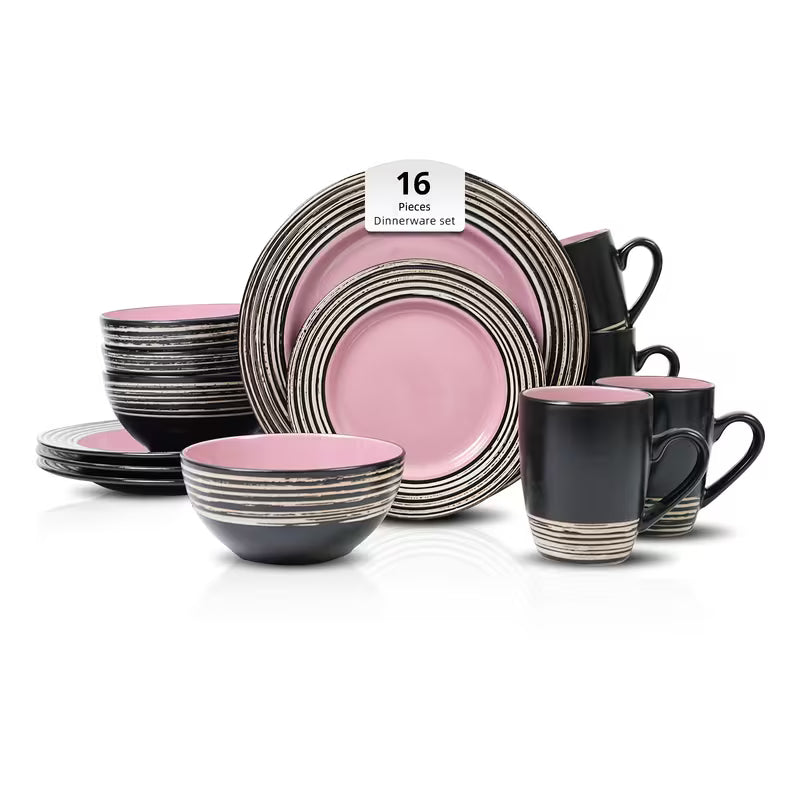 HomeVss 16pcs Dinnerware Set, Ceramic Plates And Bowls Sets For 4, Microwave And Dishwasher Safe, Handcrafted — view 16