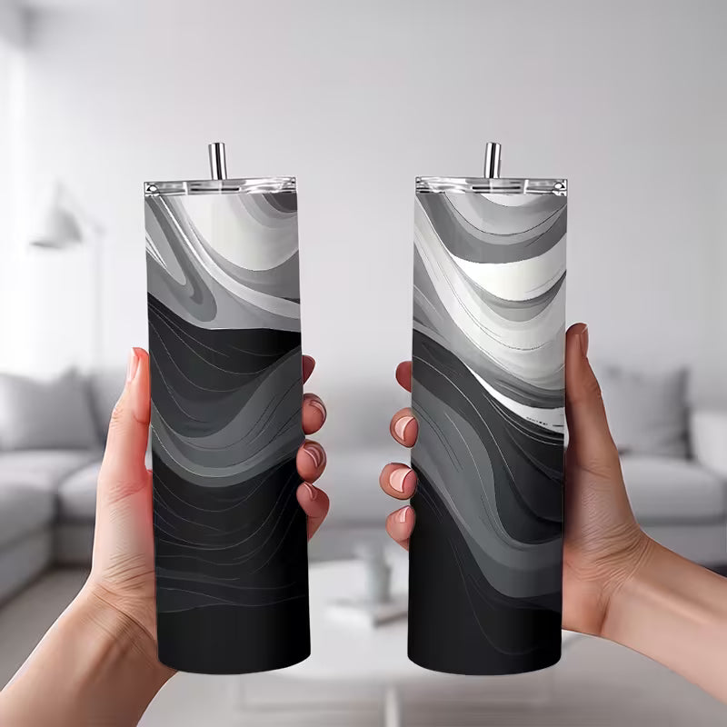 1pc 20oz Abstract Black And White Wavy Lines Pattern Stainless Steel Insulated Tumbler Travel Mug with Lid — view 8