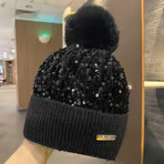Autumn and Winter Sequins with Balls and Yarn Hats Fashion Winter Outdoor Warmth Hats Skiing Cold Hats — view 1