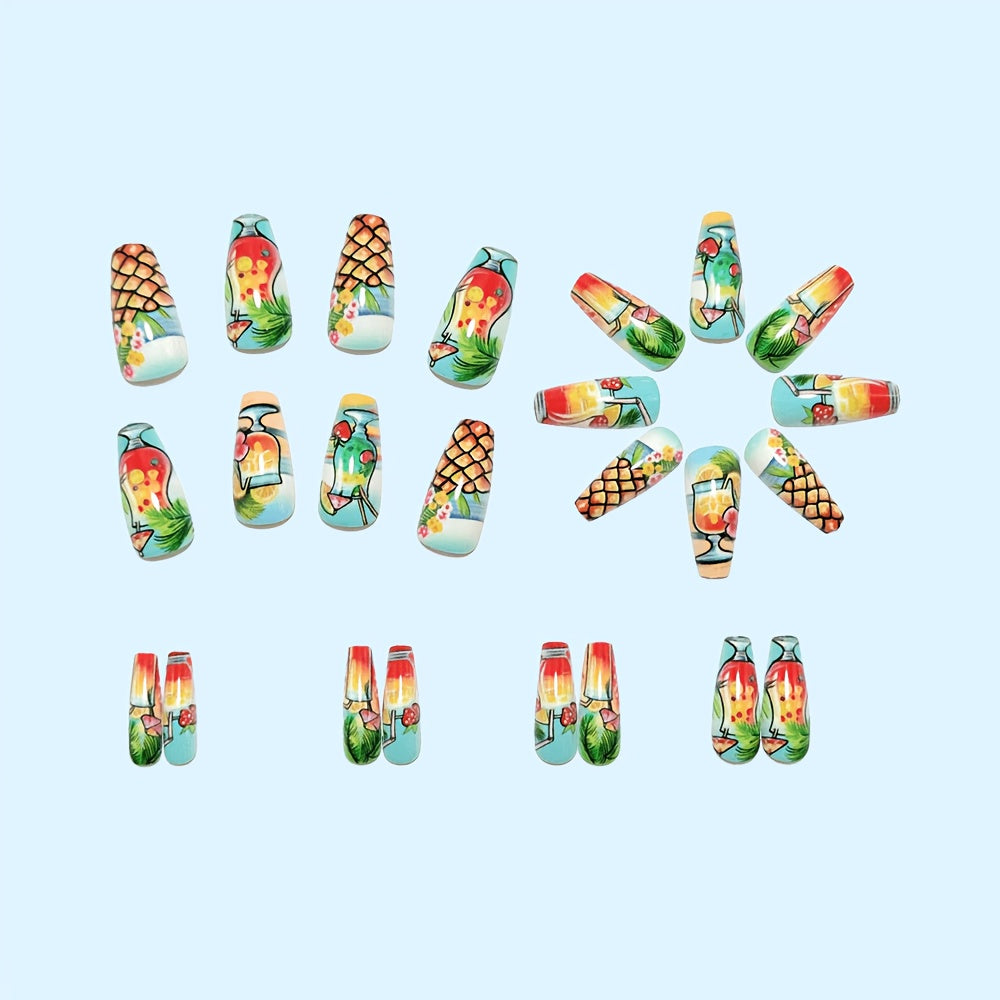 Upgrade Your Look: Long Ballet-Style Artificial Nails, Tropical Special Drink Comic-Style Protective Covers, Unique Art Style Artificial Nails, Wearable Nail Design, Glossy Nail Stickers, Removable Artificial Nails with Press-On Nails