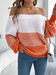 Elegant Off-Shoulder Striped Sweater - Casual Lantern Long Sleeve, Acrylic Knit for Women - Perfect for — view 1