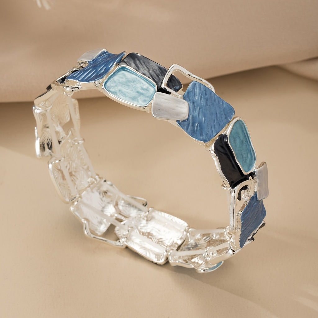 1pc Stretch Bracelet Blue Geometric Square Zinc Alloy Enamel Drip Oil Adjustable Elegant Bohemian Ocean Style Simple Elegant Design Fashionable High-End Feeling Suitable for Daily Beach Vacation And Daily Wear Accessories