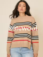 Women's 80% Wool Classic Striped Sweater Crew Neck Long Sleeve Soft Cozy Pullover Fall Winter Top — view 1