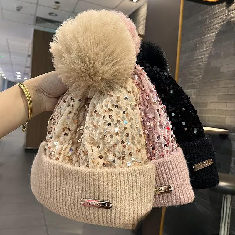 Autumn and Winter Sequins with Balls and Yarn Hats Fashion Winter Outdoor Warmth Hats Skiing Cold Hats — view 5