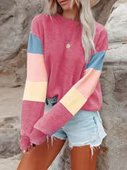 Fall Winter New Arrival Women'S Crew Neck Color Block Panel Long Sleeve Pullover Top, Ladies' Contrast Stripe — view 3