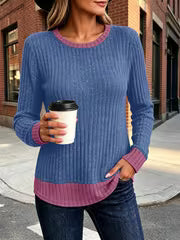 Women's Color Blocked Pit Stripe Round Neck Long Sleeved Contrasting Pullover Casual Loose And Winter Top L XXL — view 14