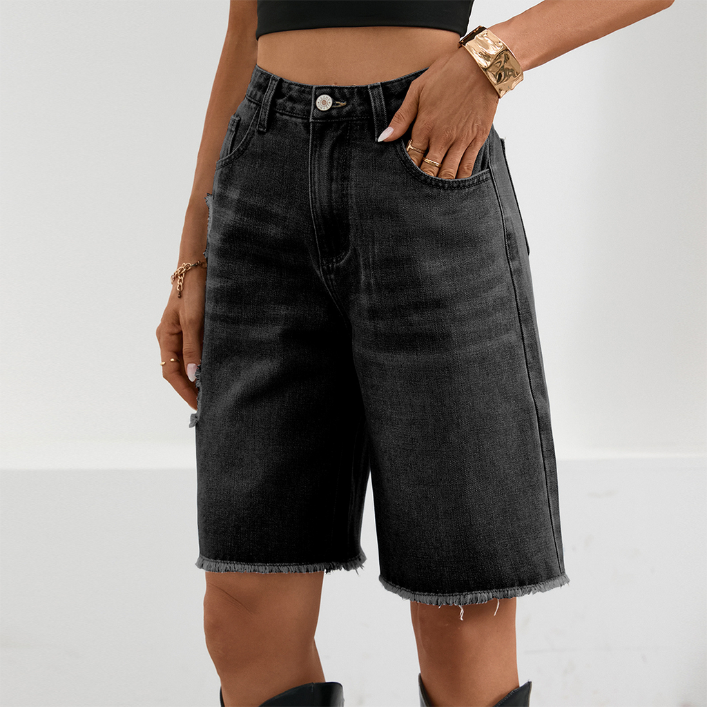 Distressed Frayed Tassel Knee-Length Denim Shorts MN125