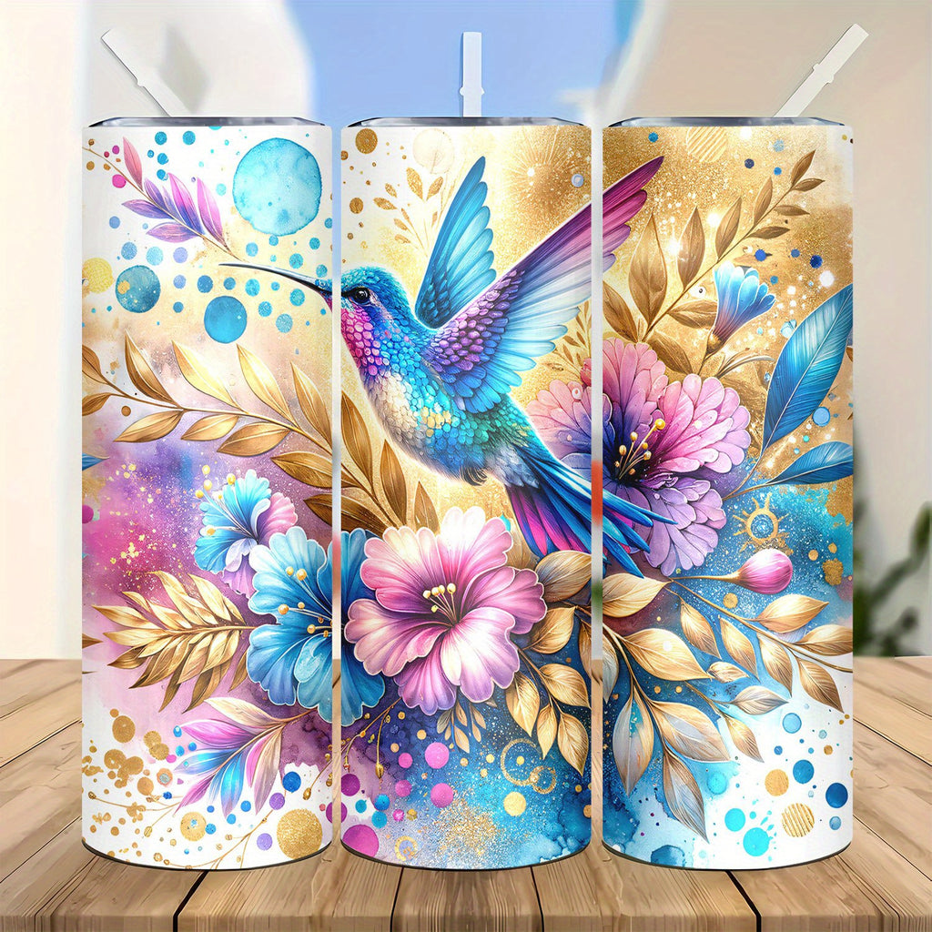 20oz Hummingbird Floral Stainless Steel Water Bottle - Hand Wash, Double Wall Insulation, PVC Free, Travel Friendly with Lid & Straw for Coffee, Cold Beverages, Sports - Ideal Gift for Mom, Lover, Friends