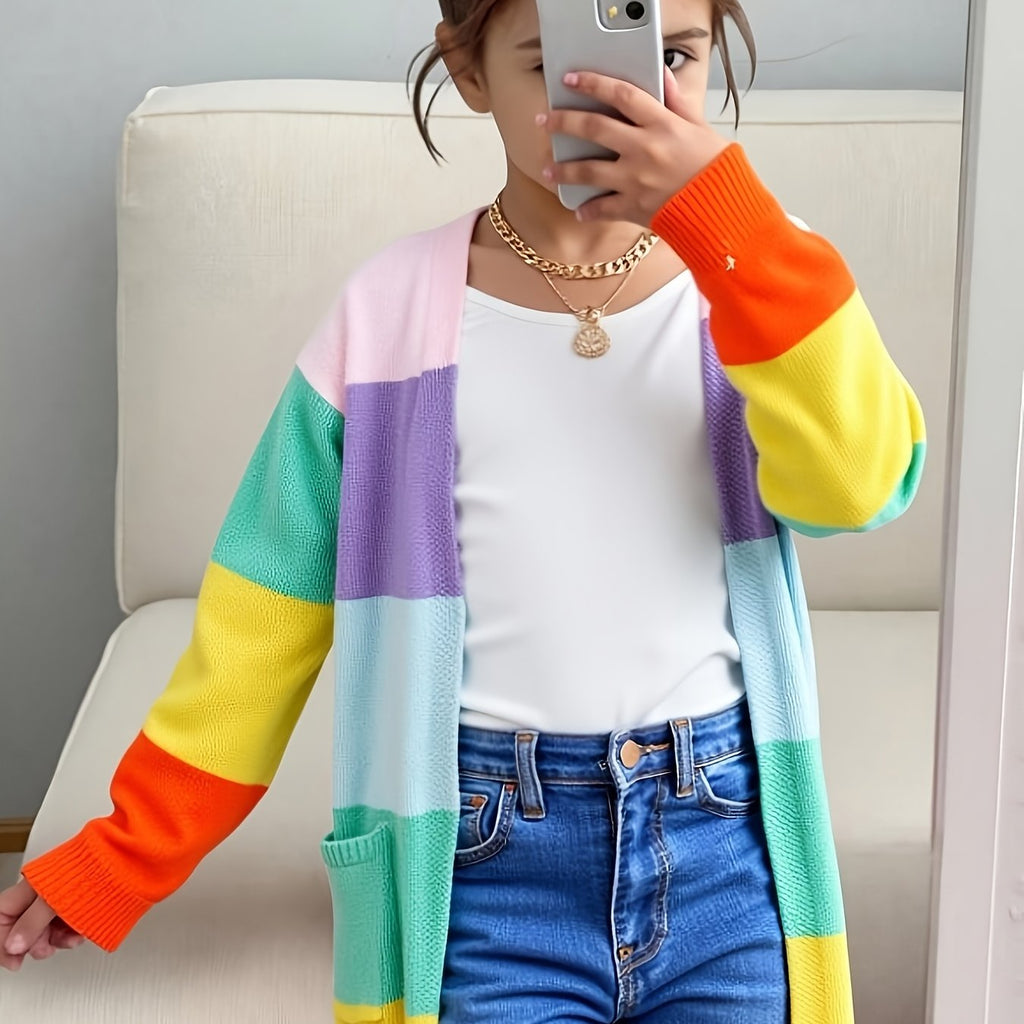 Color-Block Cardigan Girly Cute Color-Block Rainbow Stripe