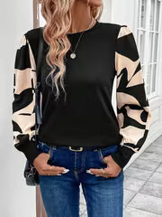 Women's T-shirt, Round Neck Top with Spliced Sleeves, Color-blocked, Suitable for Daily Casual, Elegant, and — view 4