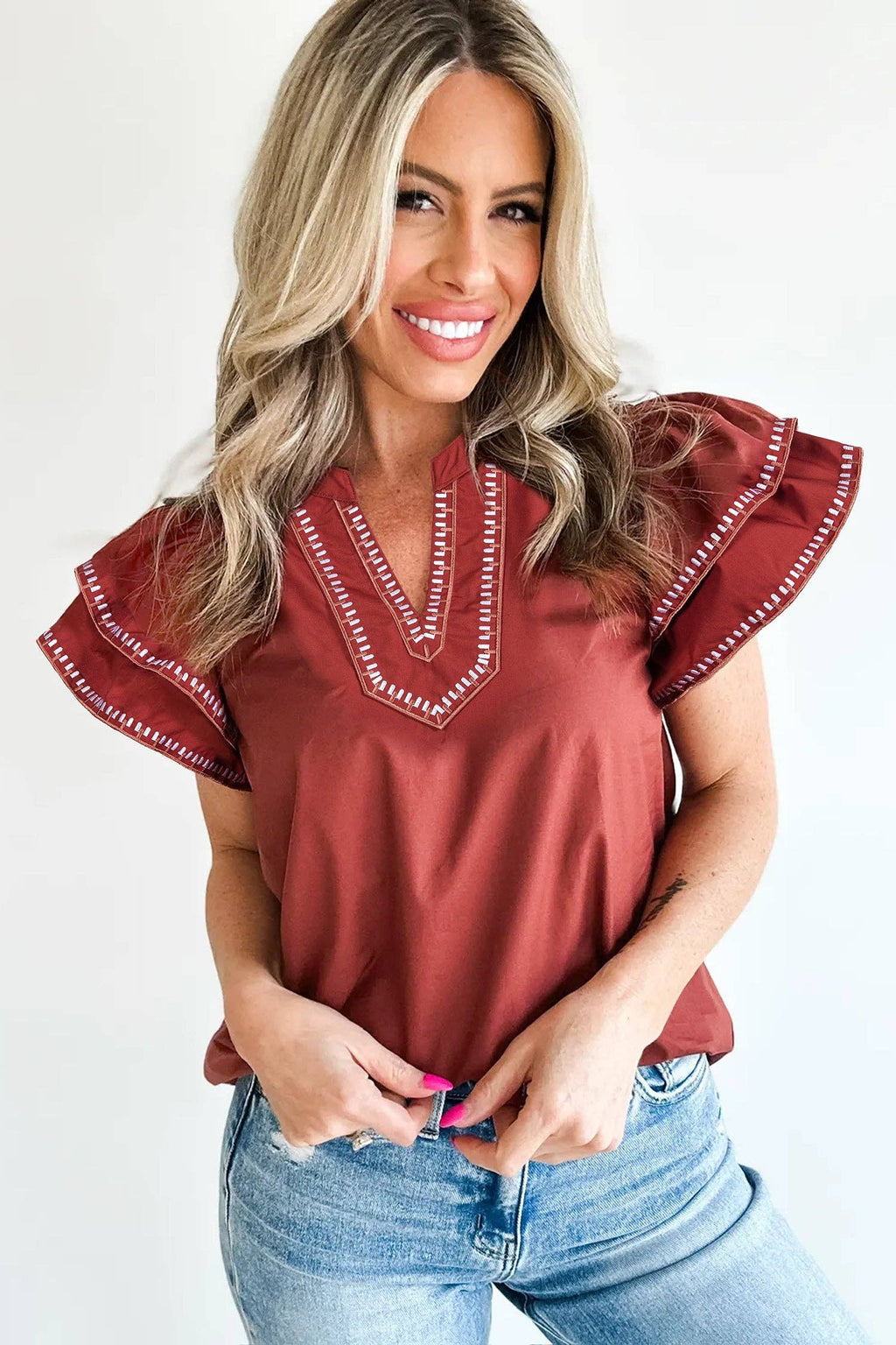Embroidered Cotton Blouse Boho Flutter Sleeve Top