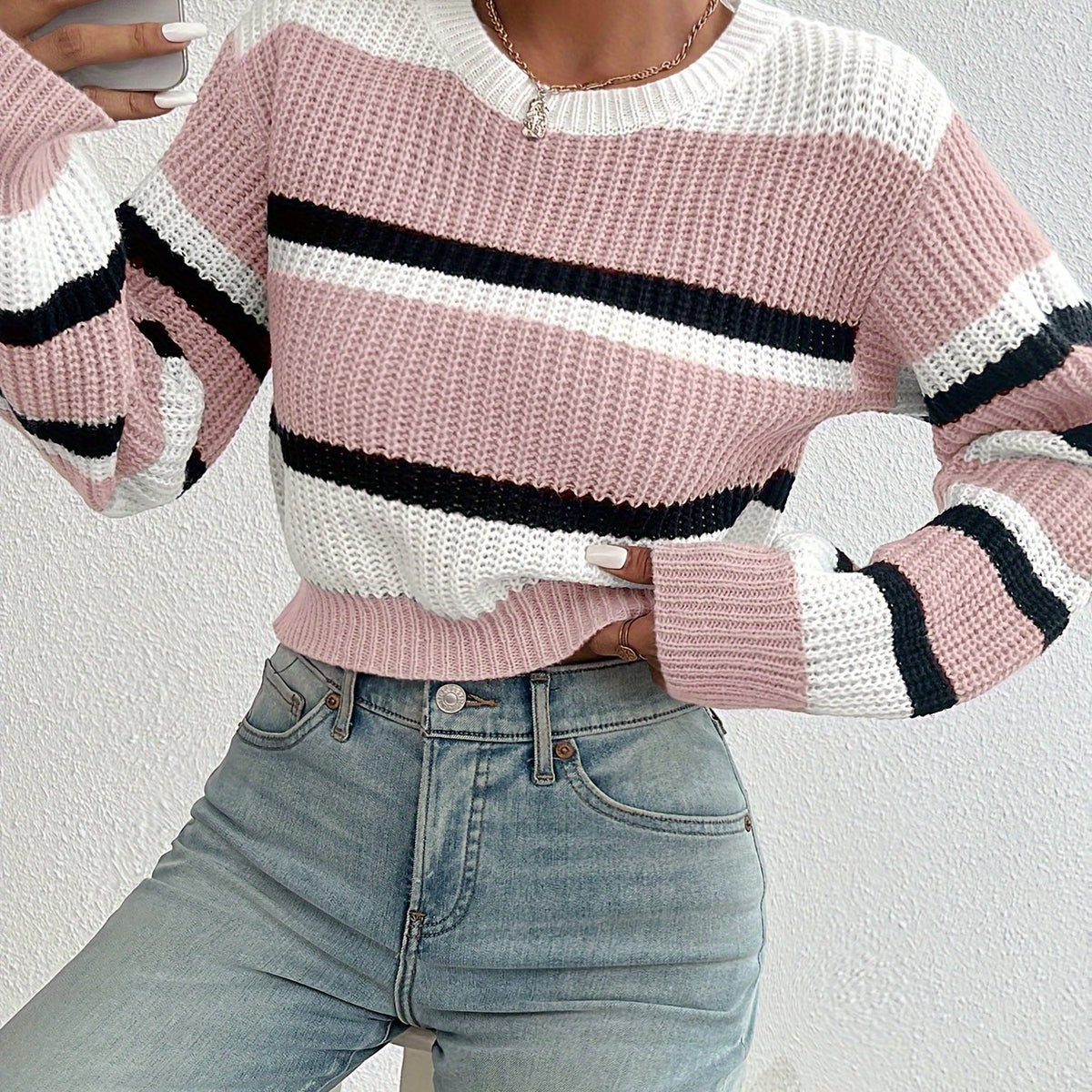 Striped Round-neck Cropped Sweater