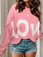 "LOVE" Three-dimensional Pattern Stitching Round Neck Casual Sweatshirt, Applique Loose Shoulder Top, Side Slit — view 1