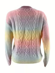 Women's 2026 Early Spring New Dopamine Gradient Color Sweater - Geometric Stripe Twisted Rope Crew Neck Drop — view 2