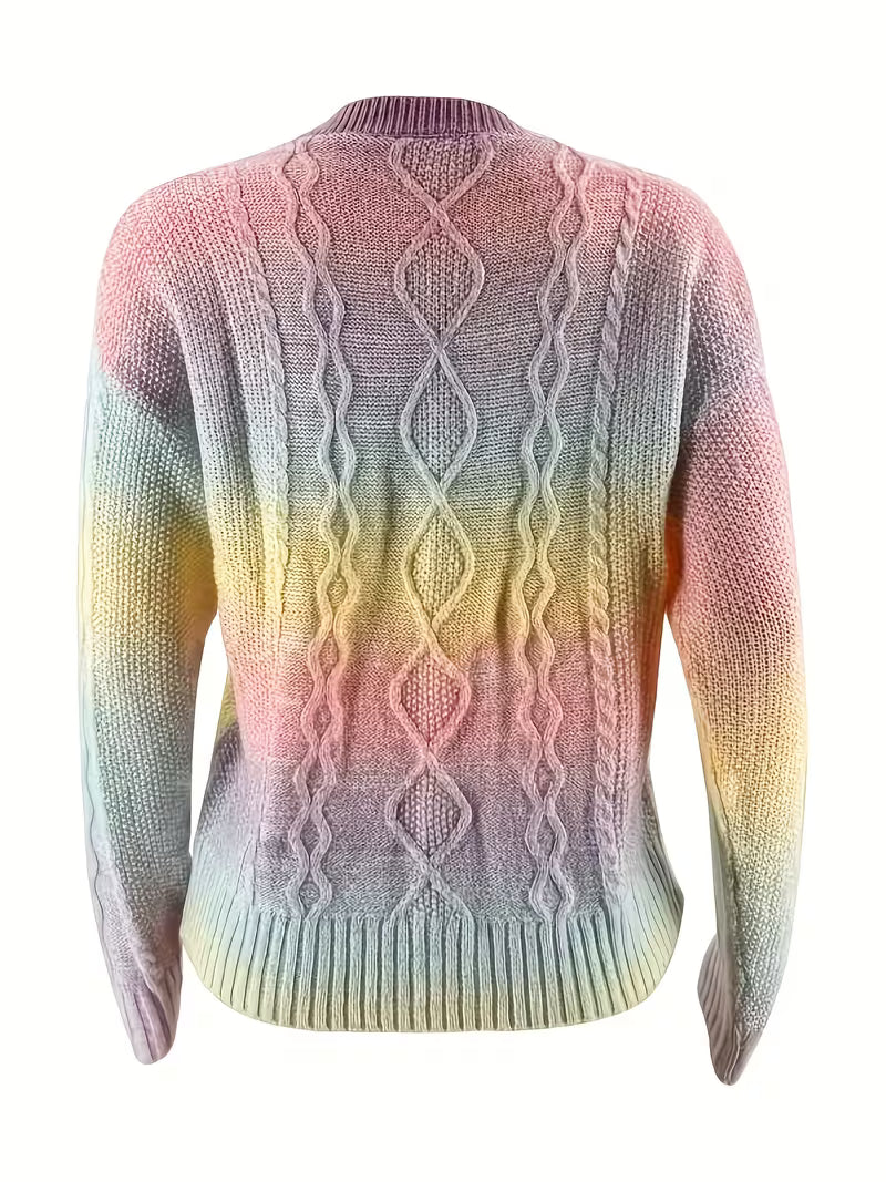Women's 2026 Early Spring New Dopamine Gradient Color Sweater - Geometric Stripe Twisted Rope Crew Neck Drop — view 5